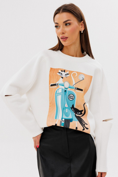 Молочный свитшот с разрезами из трикотажа и хлопка Kivviwear 4223.06 - фото 1