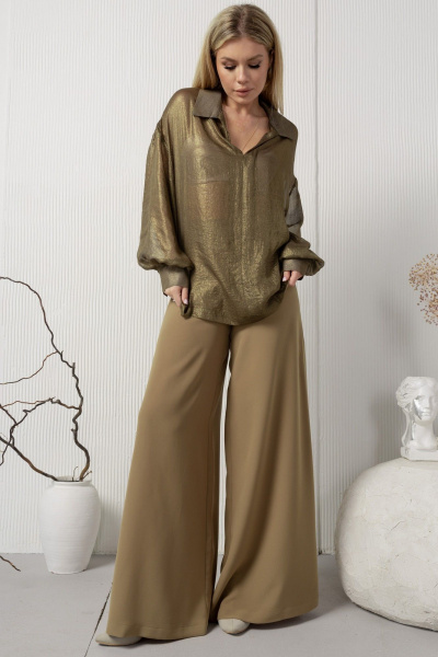 Широкие струящиеся брюки с кокеткой из текстиля AMORI 5202 горчица - фото 6