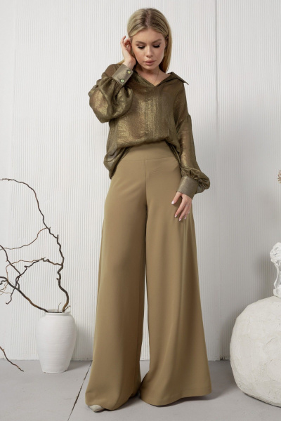 Широкие струящиеся брюки с кокеткой из текстиля AMORI 5202 горчица - фото 1