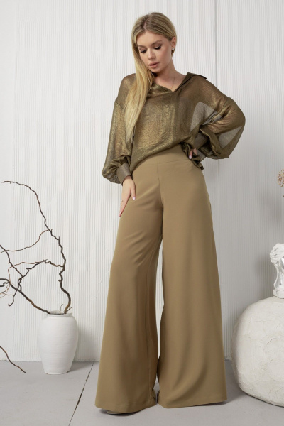 Демисезонное пальто из шерстяной драповой ткани с поясом AMORI 6451 хакки_с_блеском - фото 3