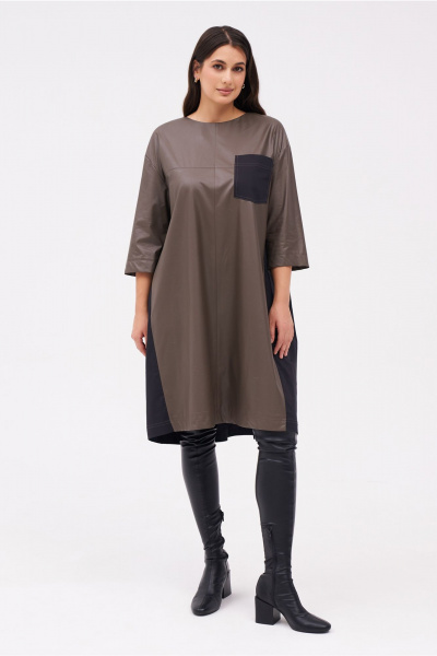 Свободное платье из эко-кожи и хлопка с декоративными деталями KaVaRi 1096 коричневый_черный - фото 1