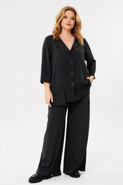 Демисезонный костюм из текстиля с асимметричным жакетом и брюками Michel chic 1386/1 черный,полоска - фото 5
