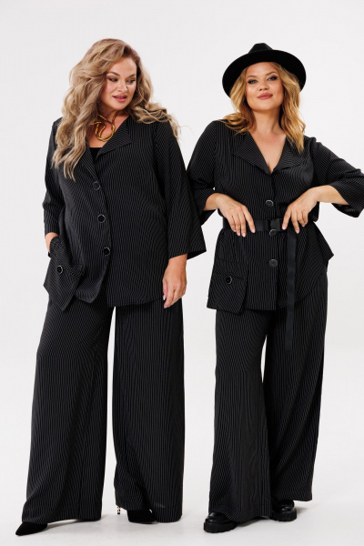 Демисезонный костюм из текстиля с асимметричным жакетом и брюками Michel chic 1386/1 черный,полоска - фото 2