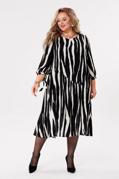 Черное платье двухслойное из шифона с воланами и завязками Michel chic 2164 зебра - фото 4