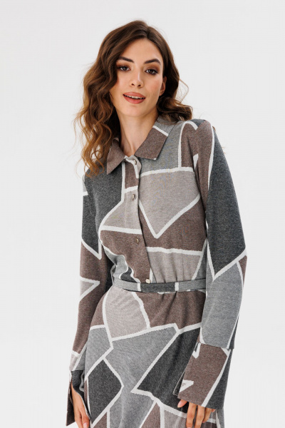 Платье миди с пуговицами и поясом из костюмной ткани EOLA 2711 серый_принт - фото 9