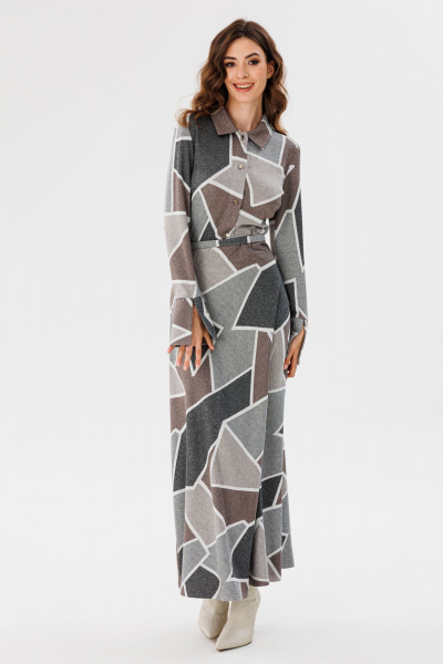 Платье миди с пуговицами и поясом из костюмной ткани EOLA 2711 серый_принт - фото 6