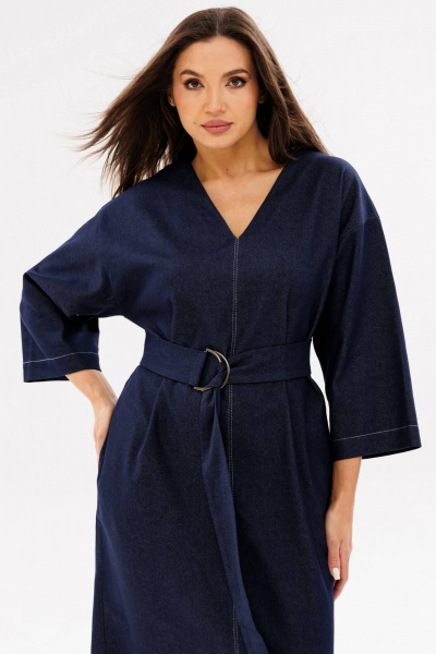 Джинсовое платье на каждый день с поясом и разрезом Ma Сherie 4075 темно-синий - фото 6