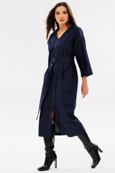 Джинсовое платье на каждый день с поясом и разрезом Ma Сherie 4075 темно-синий - фото 5