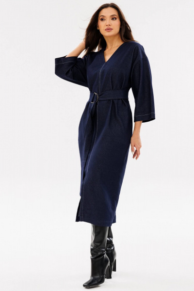 Джинсовое платье на каждый день с поясом и разрезом Ma Сherie 4075 темно-синий - фото 3