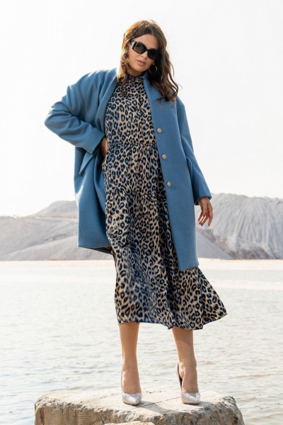 Пальто с пиджачным воротником, синее, свободного кроя Andina 1004 индиго - фото 3