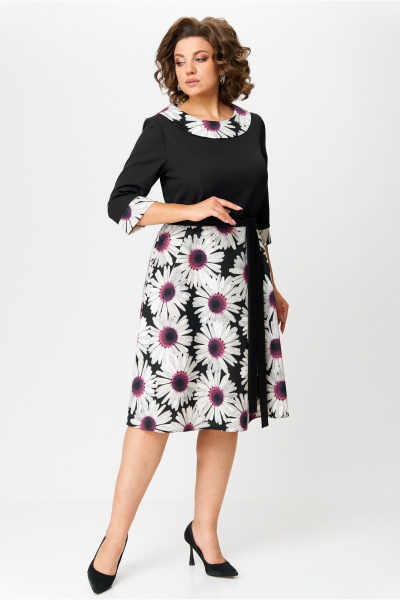 Трикотажное платье с талиевыми вытачками и поясом Moda Versal П1949 черный+фиолет - фото 5