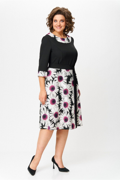 Трикотажное платье с талиевыми вытачками и поясом Moda Versal П1949 черный+фиолет - фото 4