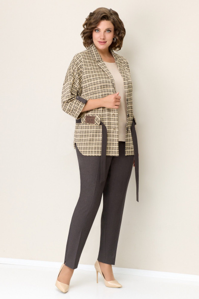 Блуза, брюки, жакет VOLNA 1318 коричнево-бежевый/клетка - фото 3