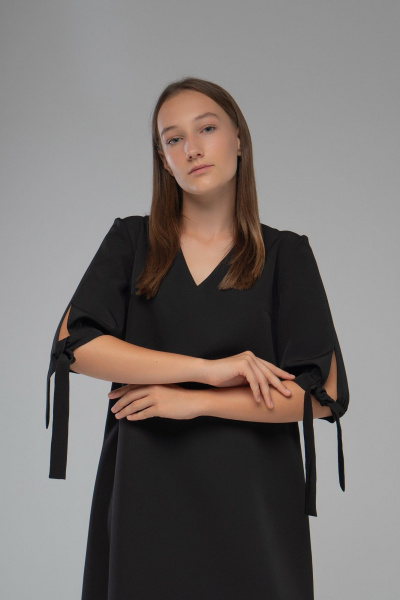 Свободное платье-трапеция рукав 3/4 на завязках AVEEVA 5145 черный - фото 4