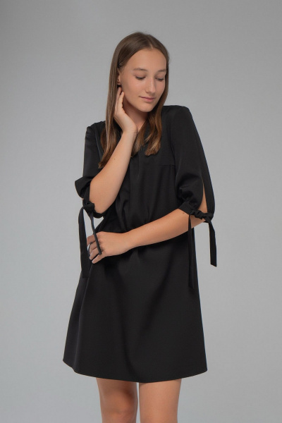 Свободное платье-трапеция рукав 3/4 на завязках AVEEVA 5145 черный - фото 2