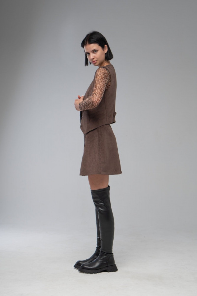 Ключевая юбка из вельвета длиной 45 см с кнопочной отделкой AVEEVA 5332 шоколадный - фото 4