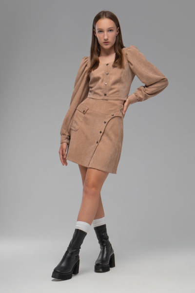 Юбка из вельвета длиной 45 см с отделкой из кнопок AVEEVA 5332 темный_бежевый - фото 3
