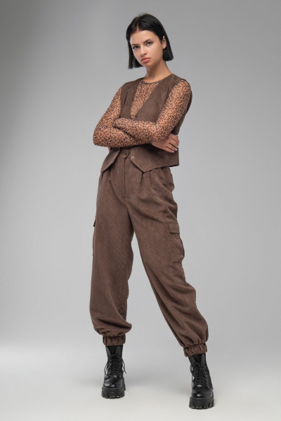 Брюки из вельвета на кнопках с зауженным кроем AVEEVA 5836 шоколадный - фото 2