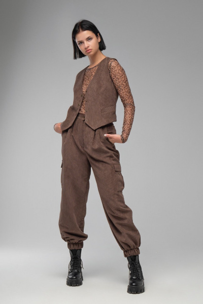 Брюки из вельвета на кнопках с зауженным кроем AVEEVA 5836 шоколадный - фото 1