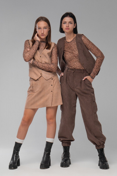 Жилет из вельвета на подкладке с застежкой на кнопки AVEEVA 5472 темный_бежевый - фото 1