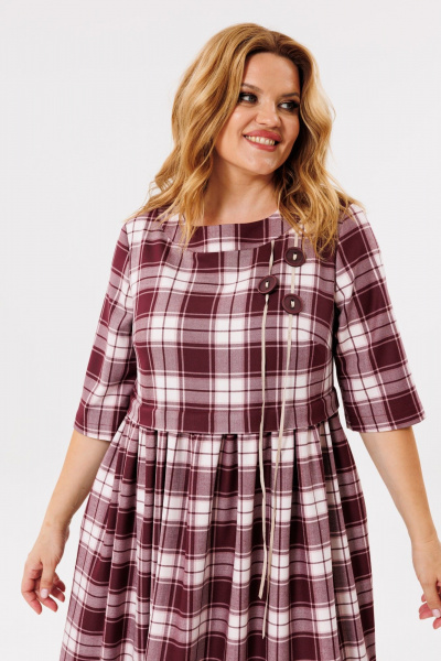 Длинное свободное платье с завязками и карманами Michel chic 2132/1 бордо,клетка - фото 7