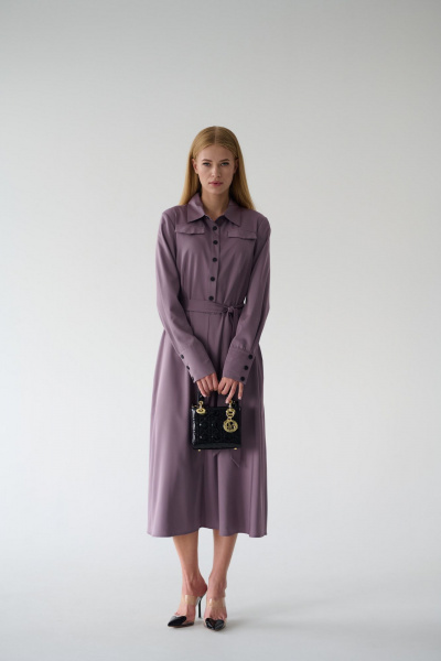 Миди платье-рубашка с классическим воротником и поясом Мастер Мод 860с пыльно-лиловый - фото 1