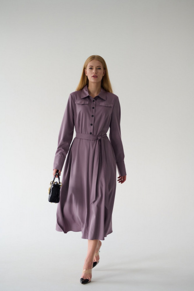 Миди платье-рубашка с классическим воротником и поясом Мастер Мод 860с пыльно-лиловый - фото 3