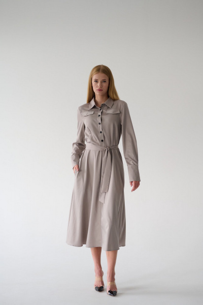 Миди платье-рубашка с классическим воротником и поясом Мастер Мод 860с серо-кофейный - фото 8