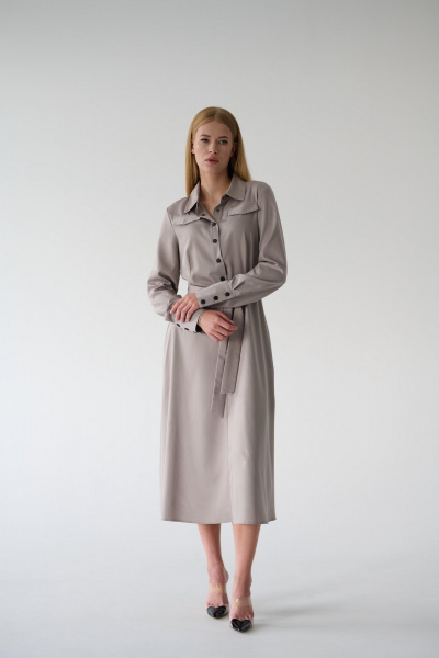 Миди платье-рубашка с классическим воротником и поясом Мастер Мод 860с серо-кофейный - фото 7