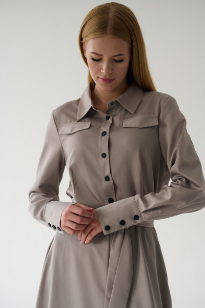 Миди платье-рубашка с классическим воротником и поясом Мастер Мод 860с серо-кофейный - фото 6