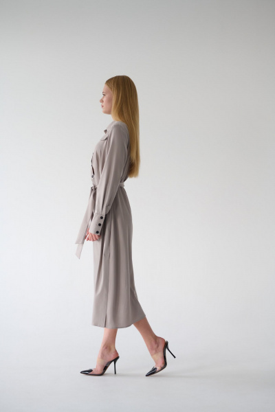 Миди платье-рубашка с классическим воротником и поясом Мастер Мод 860с серо-кофейный - фото 4