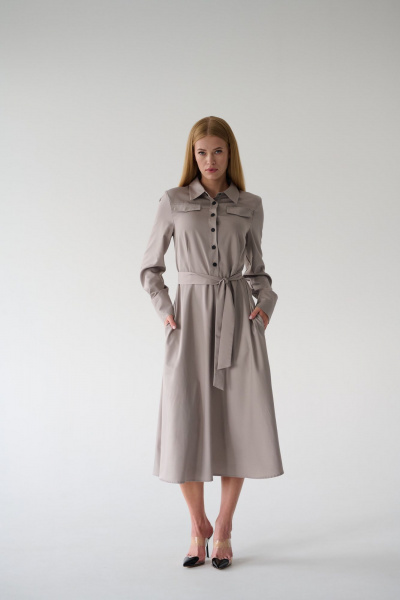 Миди платье-рубашка с классическим воротником и поясом Мастер Мод 860с серо-кофейный - фото 3
