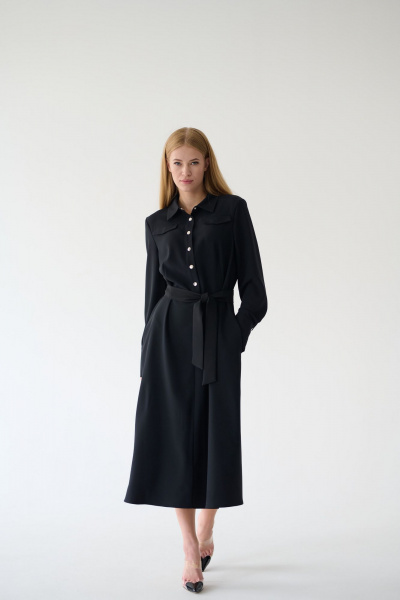 Миди платье-рубашка с классическим воротником и поясом Мастер Мод 860с черный - фото 1