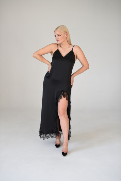 Платье-комбинация из шелковистой ткани миди с разрезом Мастер Мод 878с черный - фото 1