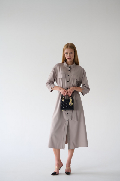 Платье-рубашка серое миди с разрезами и поясом Мастер Мод 861с серо-кофейный - фото 11
