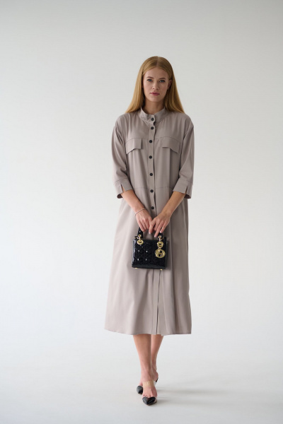 Платье-рубашка серое миди с разрезами и поясом Мастер Мод 861с серо-кофейный - фото 10