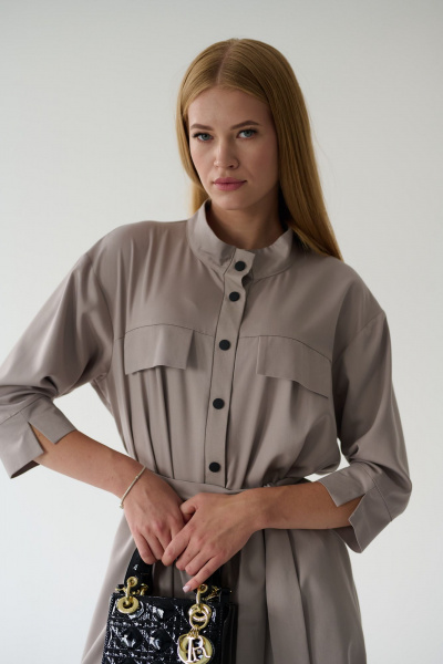 Платье-рубашка серое миди с разрезами и поясом Мастер Мод 861с серо-кофейный - фото 9