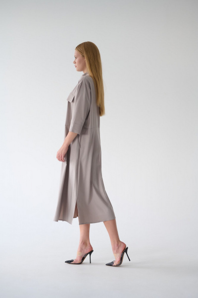 Платье-рубашка серое миди с разрезами и поясом Мастер Мод 861с серо-кофейный - фото 8