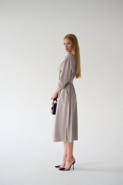 Платье-рубашка серое миди с разрезами и поясом Мастер Мод 861с серо-кофейный - фото 7