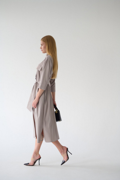 Платье-рубашка серое миди с разрезами и поясом Мастер Мод 861с серо-кофейный - фото 6