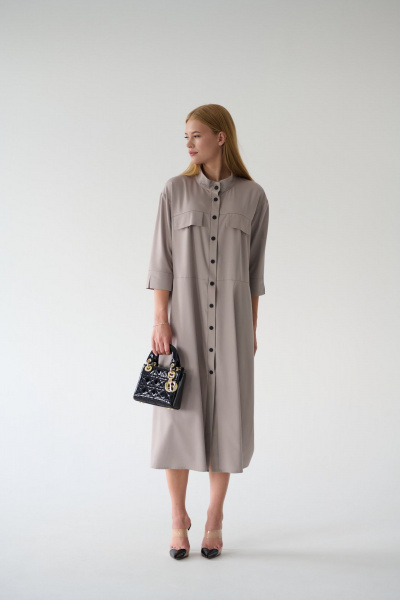 Платье-рубашка серое миди с разрезами и поясом Мастер Мод 861с серо-кофейный - фото 4