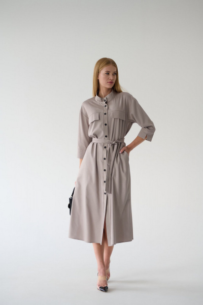Платье-рубашка серое миди с разрезами и поясом Мастер Мод 861с серо-кофейный - фото 3