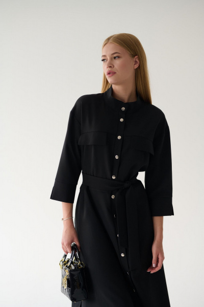 Платье-рубашка черное миди с разрезами и поясом Мастер Мод 861с чёрный - фото 4