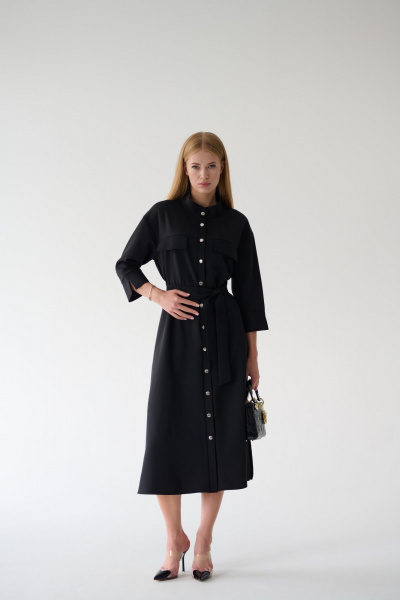 Платье-рубашка черное миди с разрезами и поясом Мастер Мод 861с чёрный - фото 1