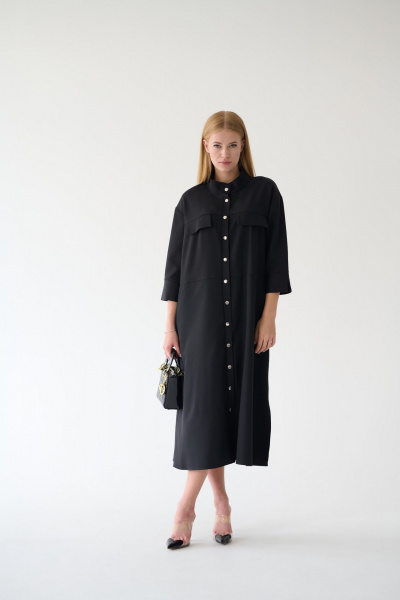 Платье-рубашка черное миди с разрезами и поясом Мастер Мод 861с чёрный - фото 3