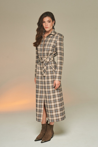 Платье в клетку из вискозной ткани с карманами DEVITA 1010 бежево-коричневый - фото 3
