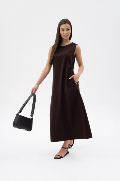 Платье миди А-силуэта из бамбуковой ткани с карманами LANSUA L1028 шоколадный - фото 1