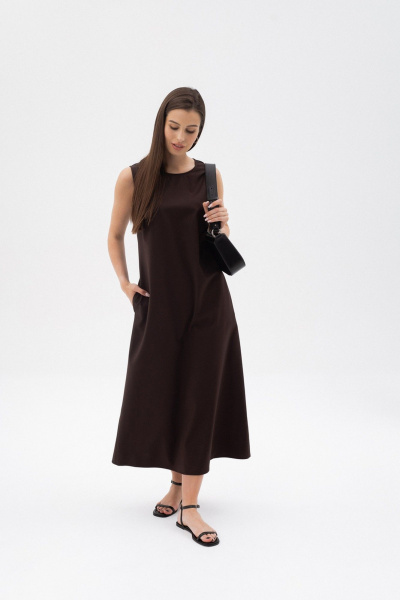 Платье миди А-силуэта из бамбуковой ткани с карманами LANSUA L1028 шоколадный - фото 3