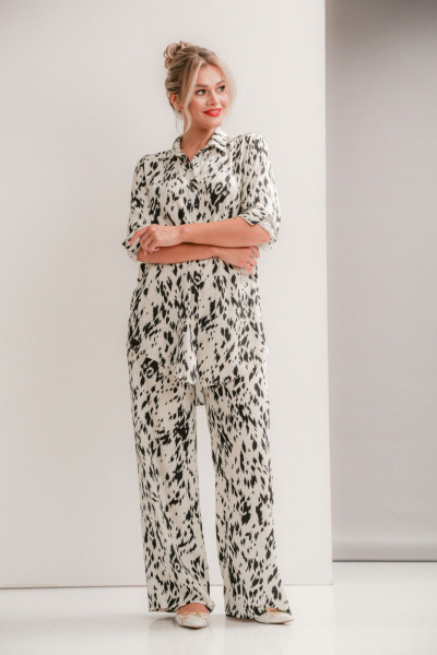 Летний блузон и широкие брюки из вискозы Ma Vie М-668 молочно-черный - фото 4