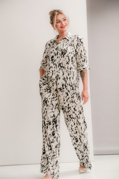 Летний блузон и широкие брюки из вискозы Ma Vie М-668 молочно-черный - фото 3